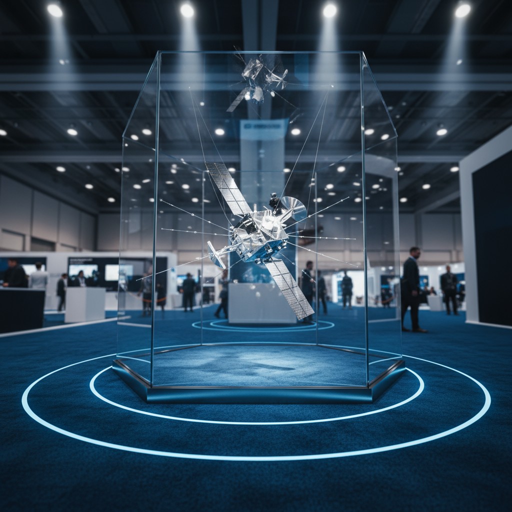 Satellite in glass case at a technology convention.